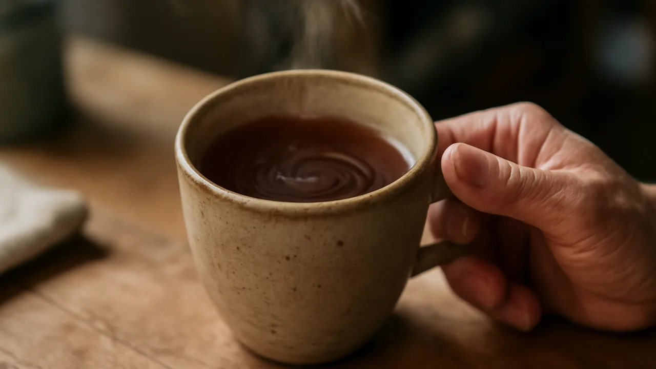 Bir yetişkinin elleri çay bardağını yana yatırarak tuttuğu anı gösteren, buhusu tüten gerçekçi bir yakın plan fotoğraf; masa üzerinde doğal ahşap doku ve gündelik hafif dağınıklıklar var.