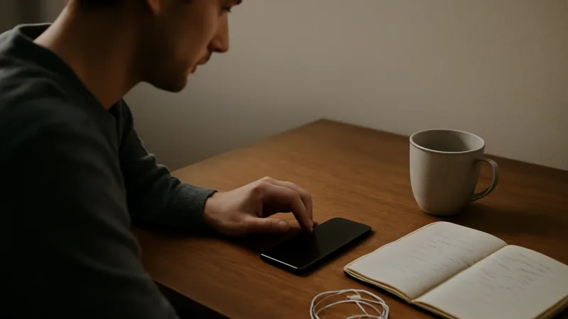 Geç saat pencere ışığında, yüzü net görünmeyen bir kişi masada telefonun üzerine eğilmişken ortamın dağınık ve içe kapanık bir havayı yansıttığı gerçekçi bir fotoğraf karesi.