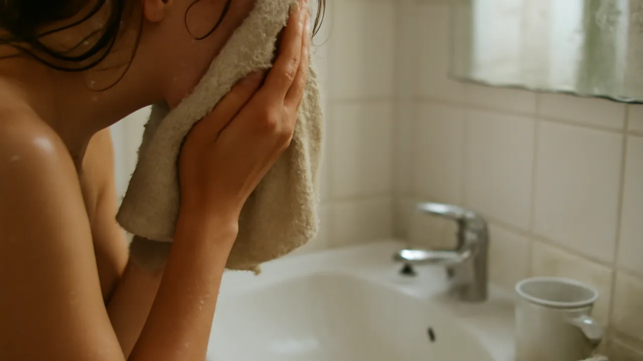 Banyo ışığında, havluyla yüzünü nazikçe kurulamaya devam eden bir kişinin elleri ve kısmen yüz ifadesi görülür; zeminde ve eşyaların üzerinde su damlaları ve hafif dağınık, gerçekçi detaylar yer alır.