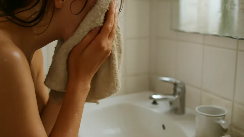 Banyo ışığında, havluyla yüzünü nazikçe kurulamaya devam eden bir kişinin elleri ve kısmen yüz ifadesi görülür; zeminde ve eşyaların üzerinde su damlaları ve hafif dağınık, gerçekçi detaylar yer alır.