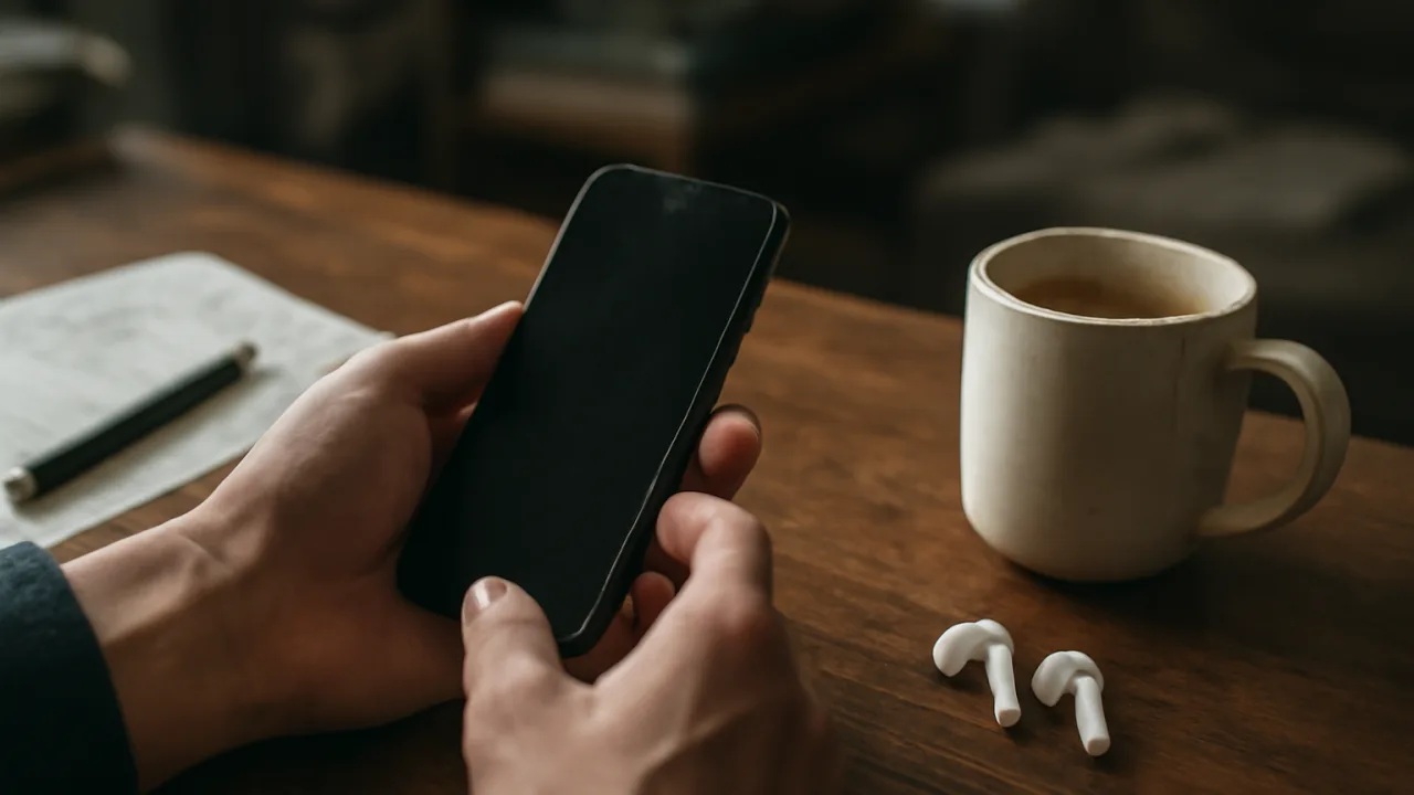 Geç akşamüstü pencere ışığında bir masada elde çekilmiş gibi duran telefon, not defteri ve dağınık günlük eşyalarla; bildirimleri görsel olarak rahatsız etmeyen sakin bir dikkat toplama anını anlatan gerçekçi bir sahne.