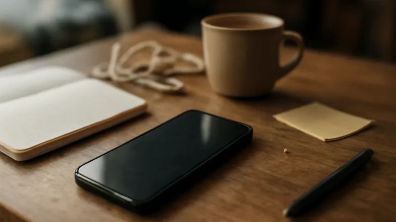 Pencere ışığında dağınık bir masanın üzerinde koyu ekranlı bir telefon ve yanında boş sayfalı planlayıcı, kulaklık ve kahve bardağı görülüyor; fotoğraf acele çekilmiş, metinsiz ve doğal bir atmosfer taşıyor.