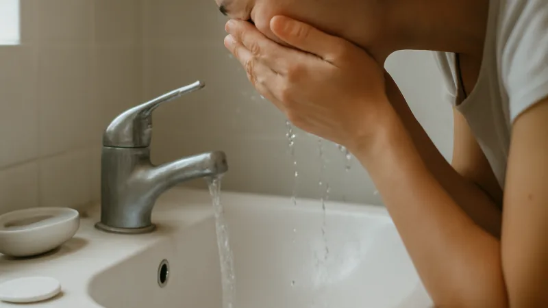 Banyonun içinde lavabo başında yüzünü yıkayan bir kişinin elleri ve buharla birlikte akan sıcak su görülüyor; sağlıklı, doğal ve gündelik bir an fotoğrafı gibi çekilmiş.